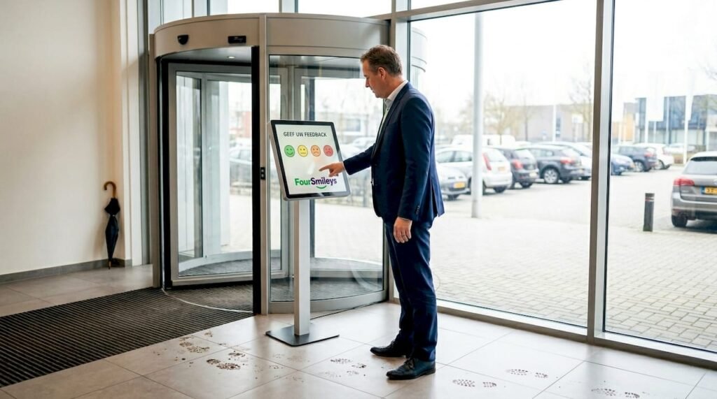 Een man deelt zijn mening via de feedbackzuil bij de ingang van het kantoor.