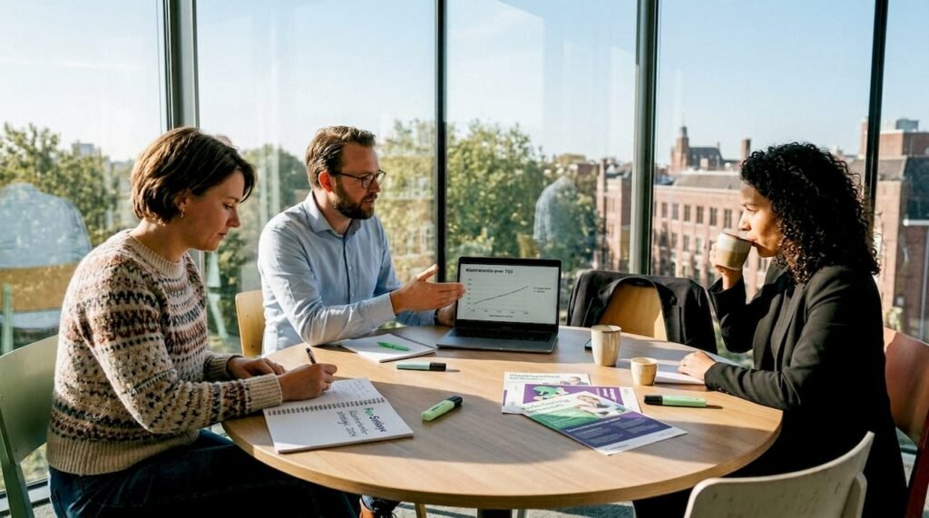 Het team buigt zich over manieren om klanten langer aan het bedrijf te binden.