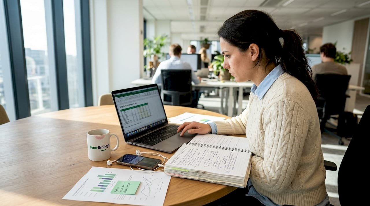 Consultant bekijkt en vergelijkt klantgegevens aan de vergadertafel