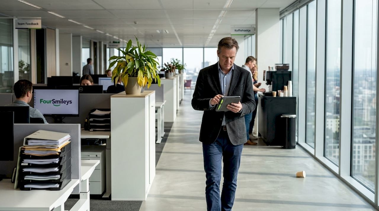 De manager neemt op kantoor de tijd om de feedback van het team door te nemen.