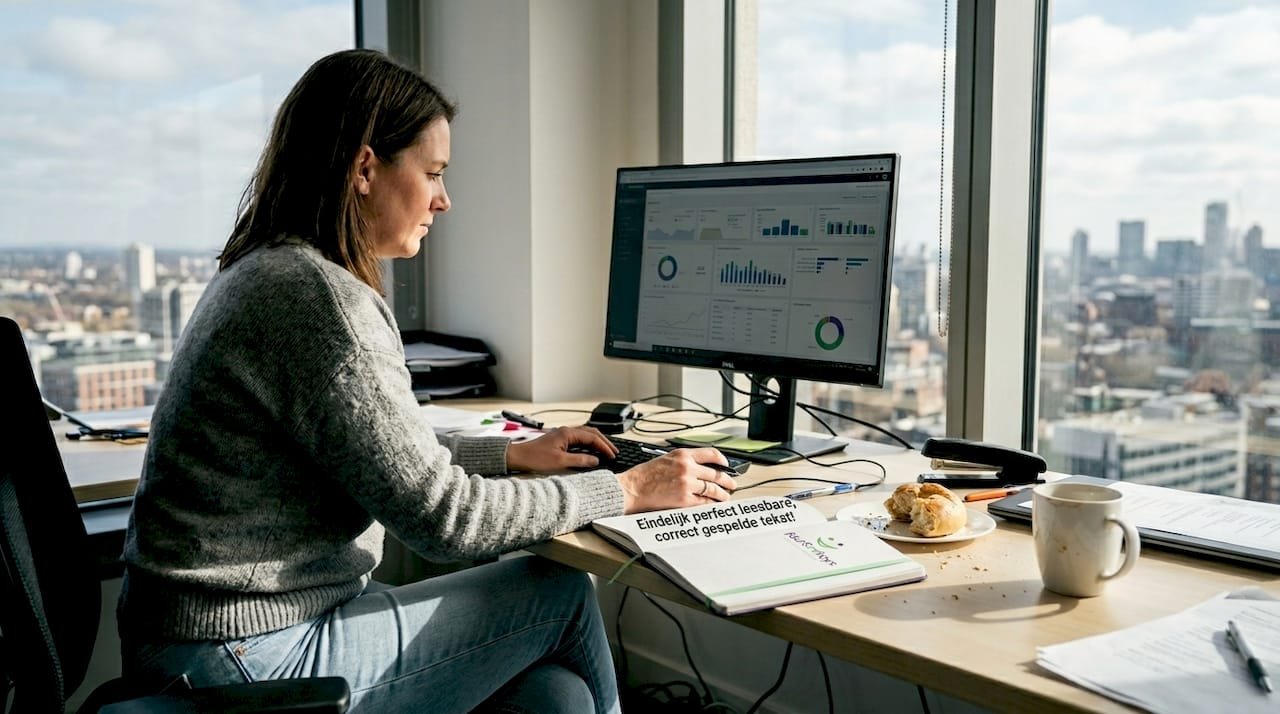 Een vrouw werkt aan een data-dashboard terwijl de zon naar binnen schijnt.