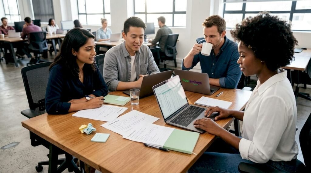 Een team bespreekt samen binnen een informele kantoorsetting de ontvangen feedback.