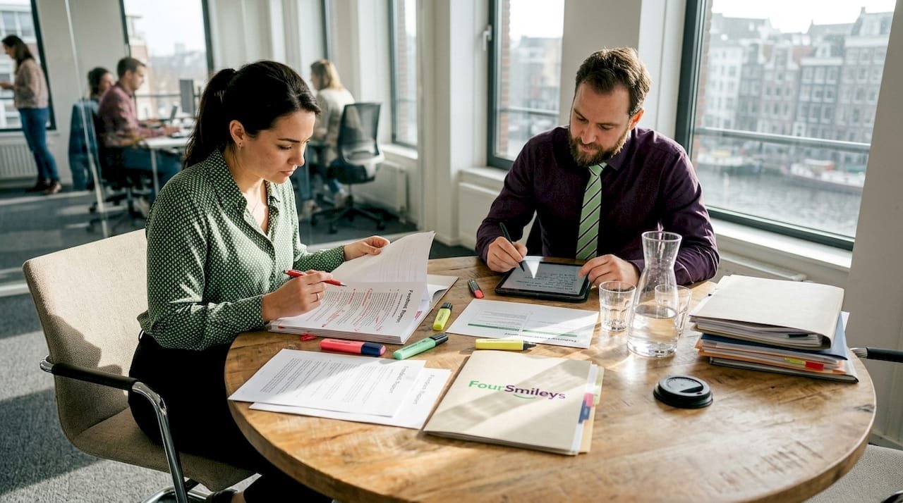 Collega’s zitten samen aan tafel om feedback met elkaar te bespreken.