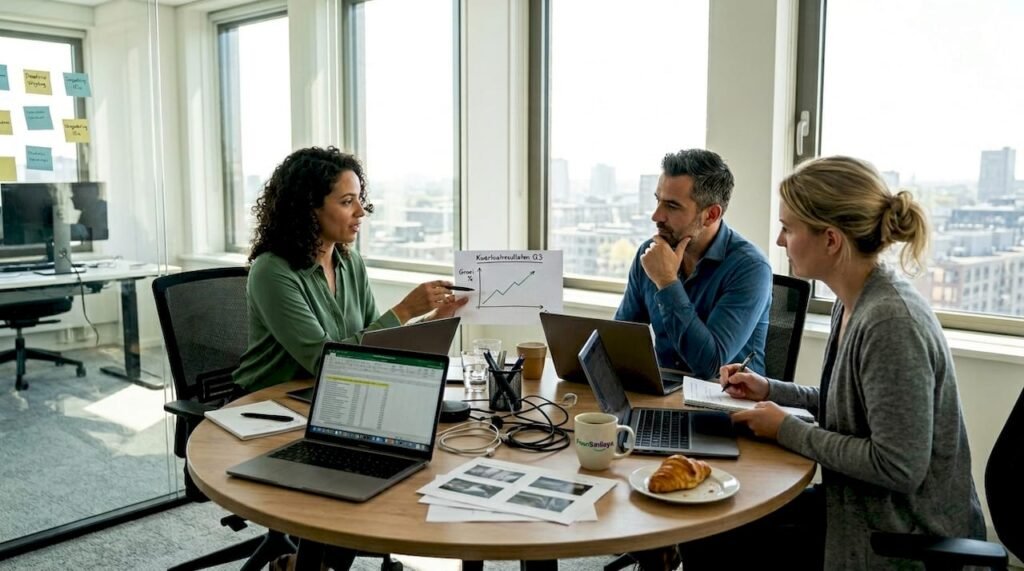 Een team buigt zich samen over papieren rapporten op kantoor om de cijfers te bespreken.