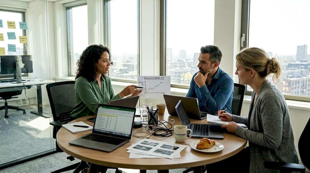 1775453231321_Team-reviewing-data-printouts-in-office-1 Een team buigt zich samen over papieren rapporten op kantoor om de cijfers te bespreken.