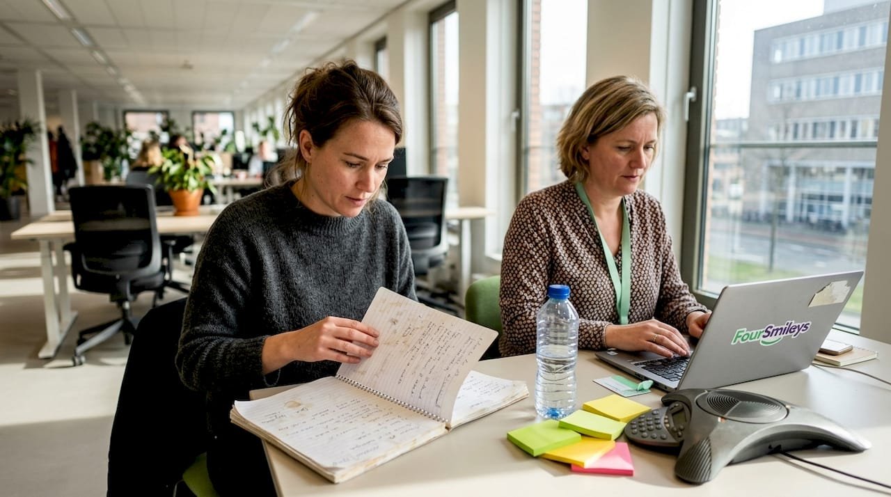 1775556097138_Twee-collega-s-bespreken-klantbehoefte-analyse-aan-tafel Twee collega’s zitten samen aan tafel om de wensen en behoeften van de klant in kaart te brengen.