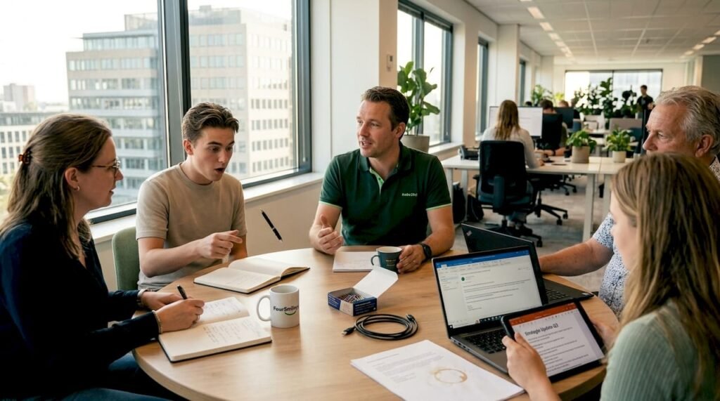 Het team bespreekt hoe ze klantfeedback kunnen verzamelen.