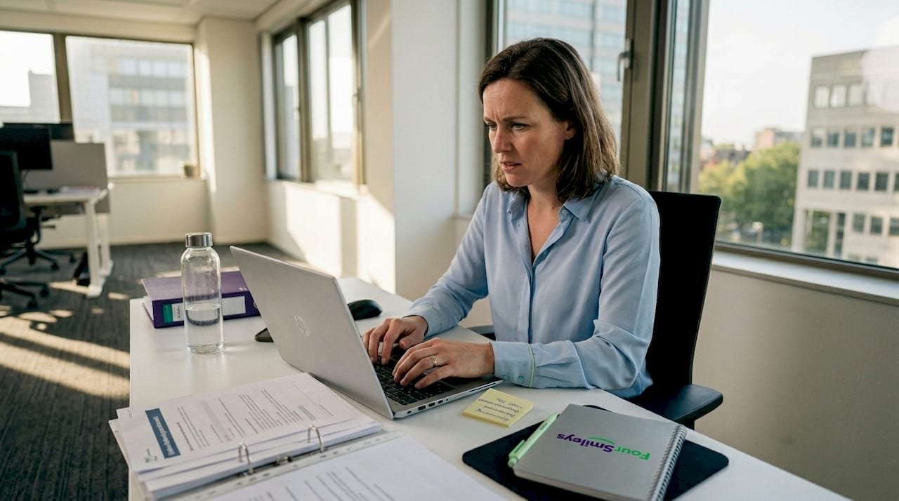Een medewerker geeft online feedback over zijn ervaringen op kantoor.