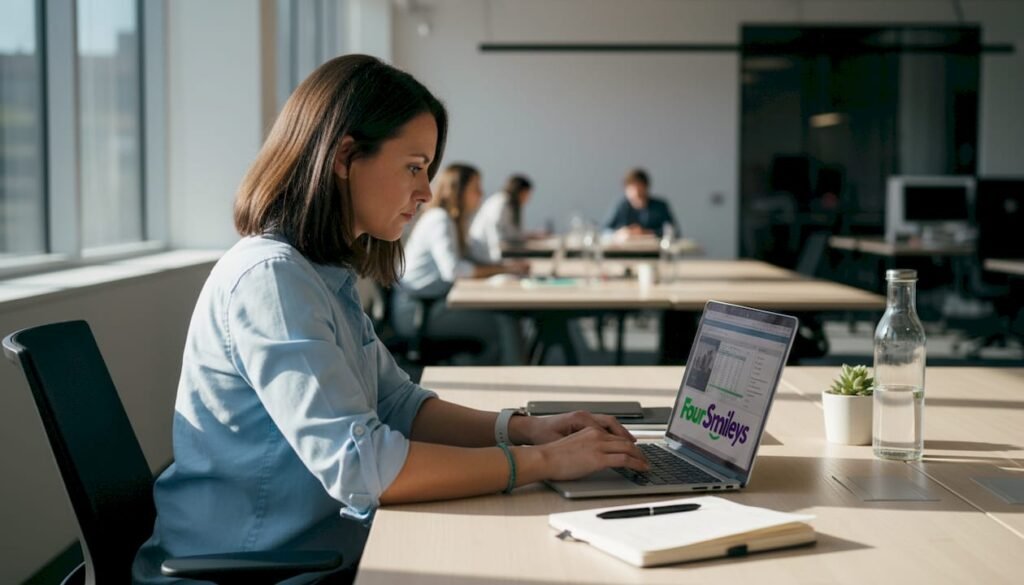 Een vrouw zit verdiept in haar werk achter haar laptop op kantoor.