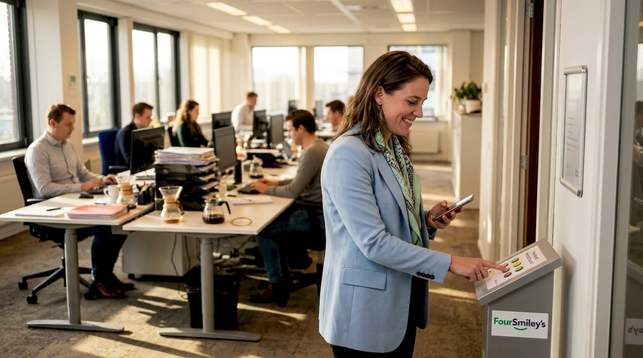1776330650378_Medewerker-geeft-smiley-feedback-bij-kantooruitgang Bij het verlaten van het kantoor kunnen medewerkers met een smiley aangeven hoe hun werkdag was.