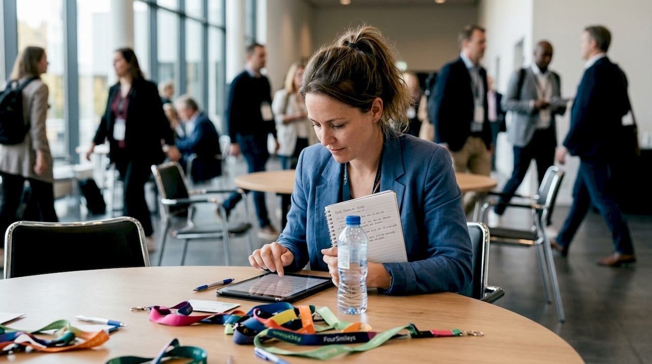 De eventmanager bekijkt de ontvangen feedback op zijn tablet.