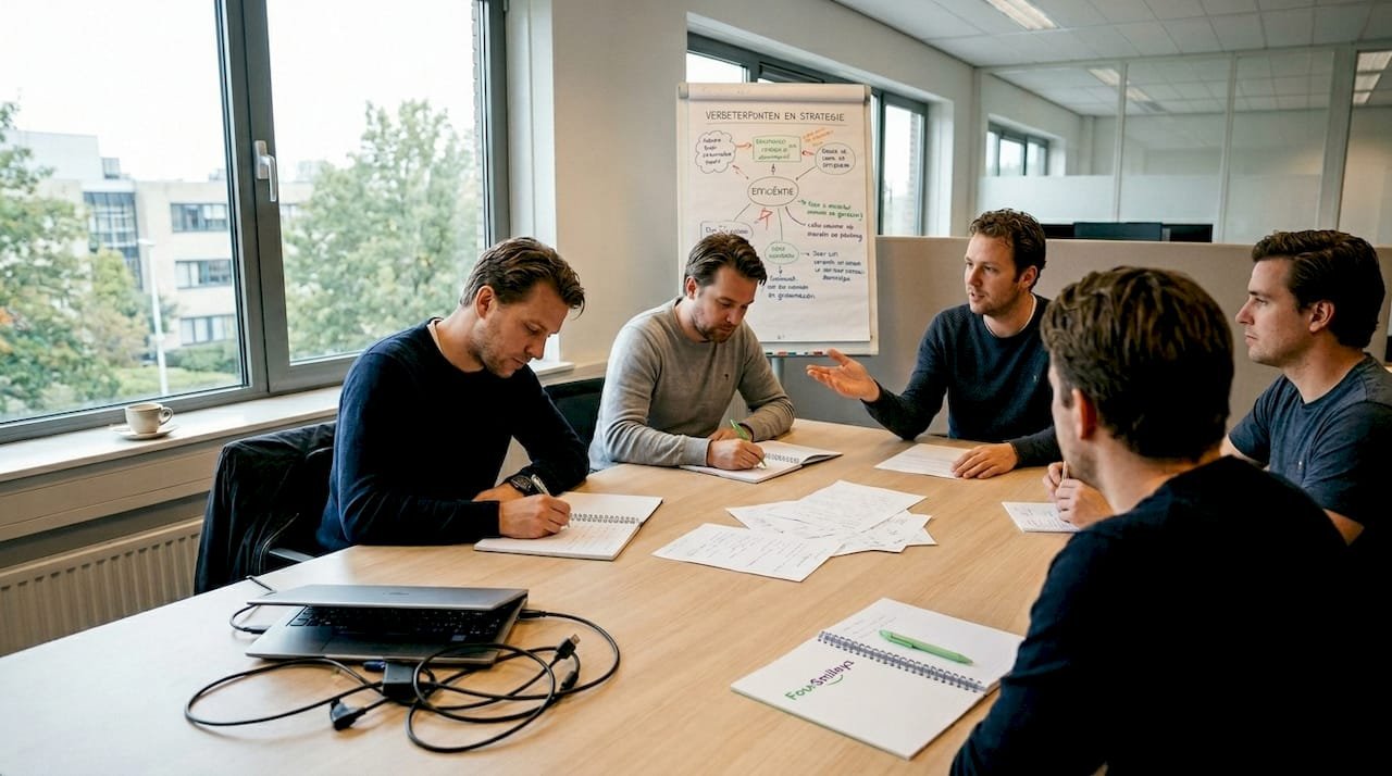 Team bespreekt verbeteringen in de feedbackronde op kantoor