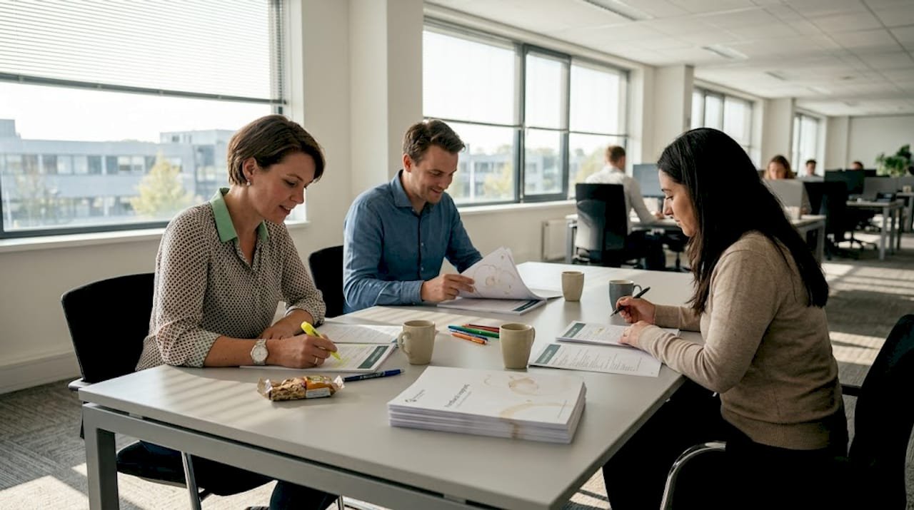 Het team zit samen aan tafel om de binnengekomen feedback te bespreken.