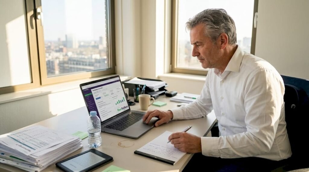 In zijn kantoor kijkt de manager aandachtig naar de feedback van klanten.