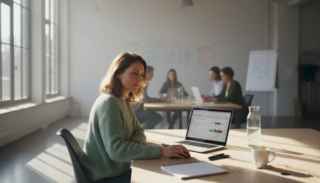 Een werkende vrouw doet onderzoek naar het gebruik van een product of dienst.