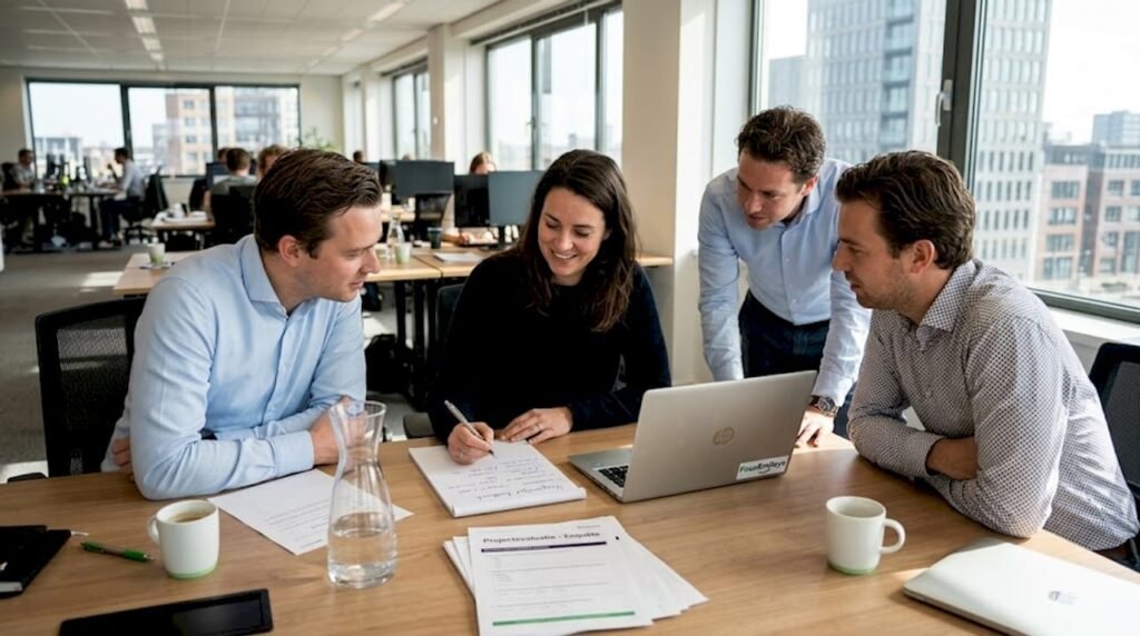 Het team verzamelt tijdens een overleg op kantoor waardevolle feedback van collega's.