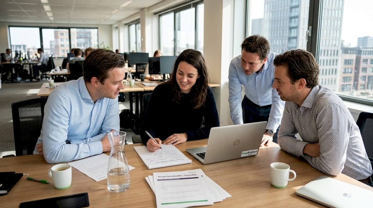 Het team verzamelt tijdens een overleg op kantoor waardevolle feedback van collega's.