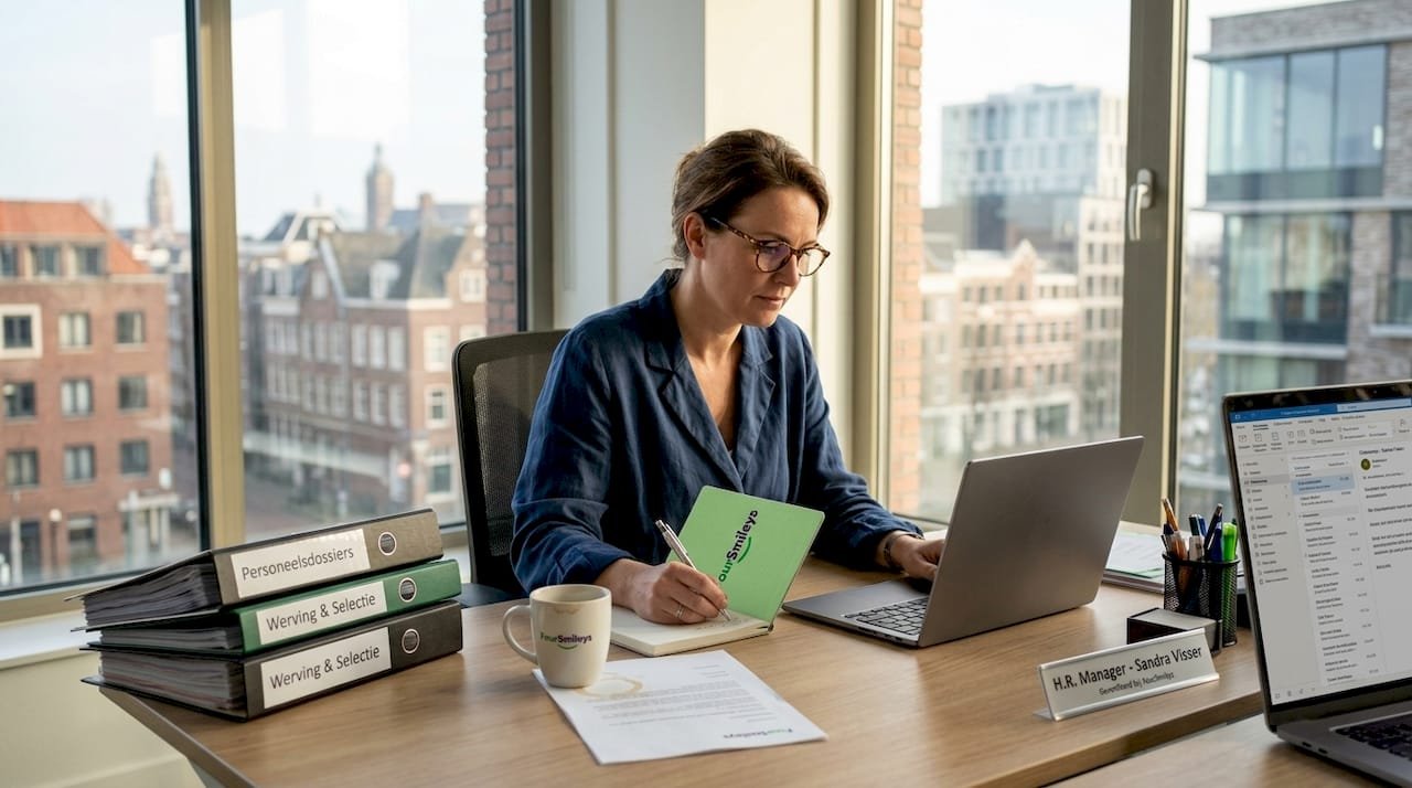 De HR-manager haalt feedback op bij medewerkers vanuit zijn kantoor in de hoek.