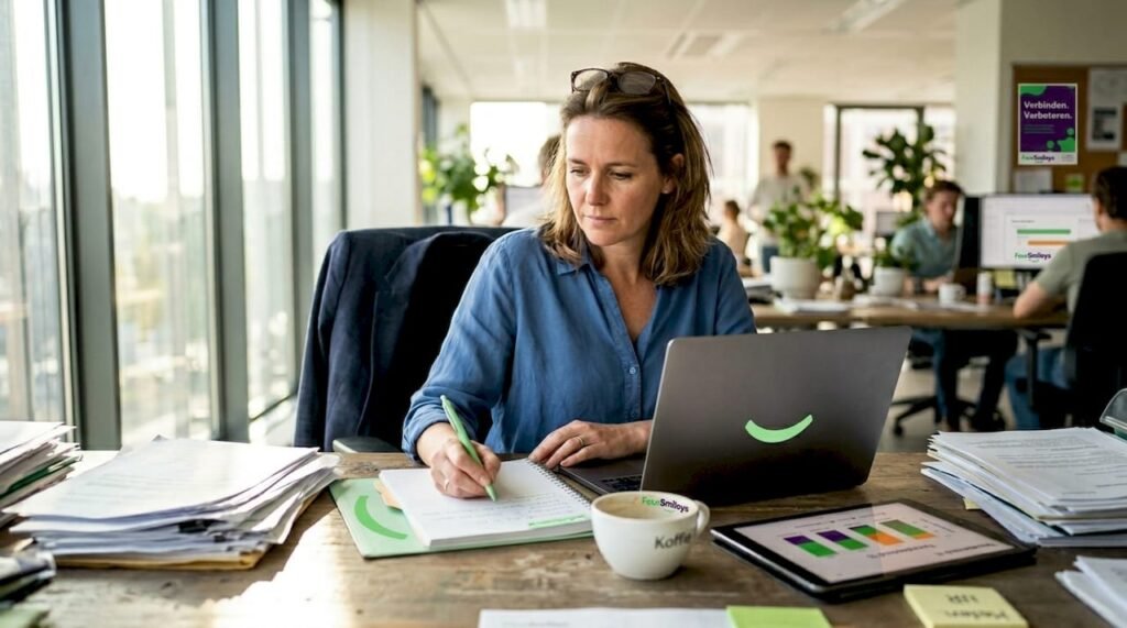 Een vrouw bekijkt de resultaten van een enquête aan haar bureau op kantoor.