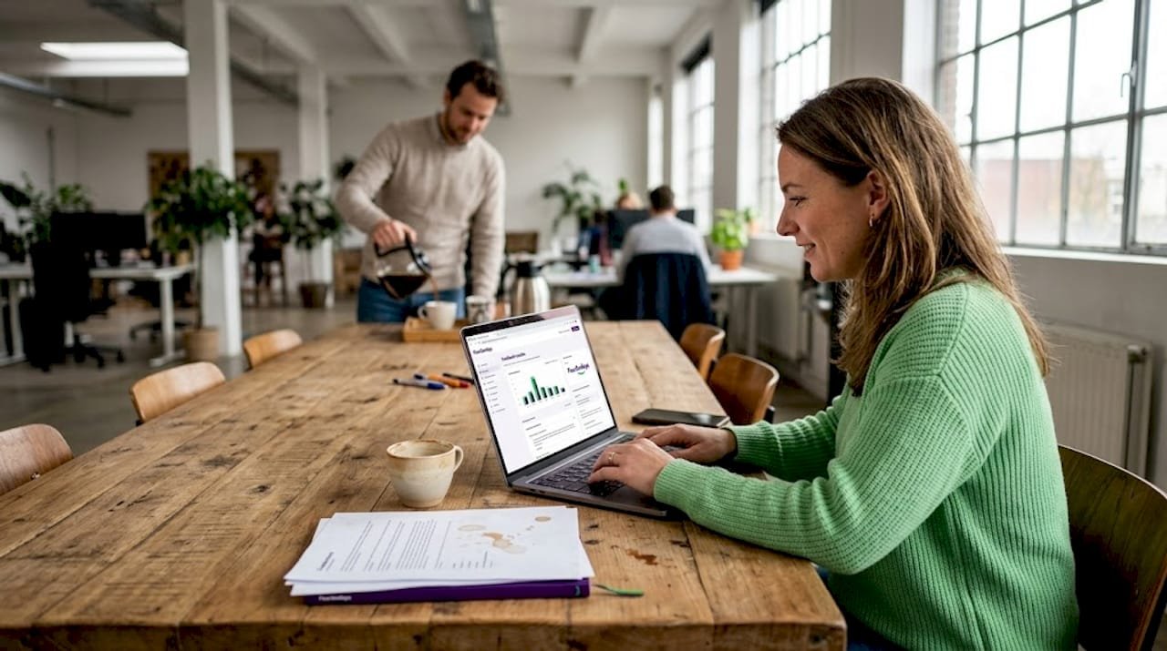 1777439528442_Vrouw-bekijkt-feedbackdata-in-kantoortuin Een vrouw analyseert feedbackgegevens op haar werkplek in een open kantoorruimte.