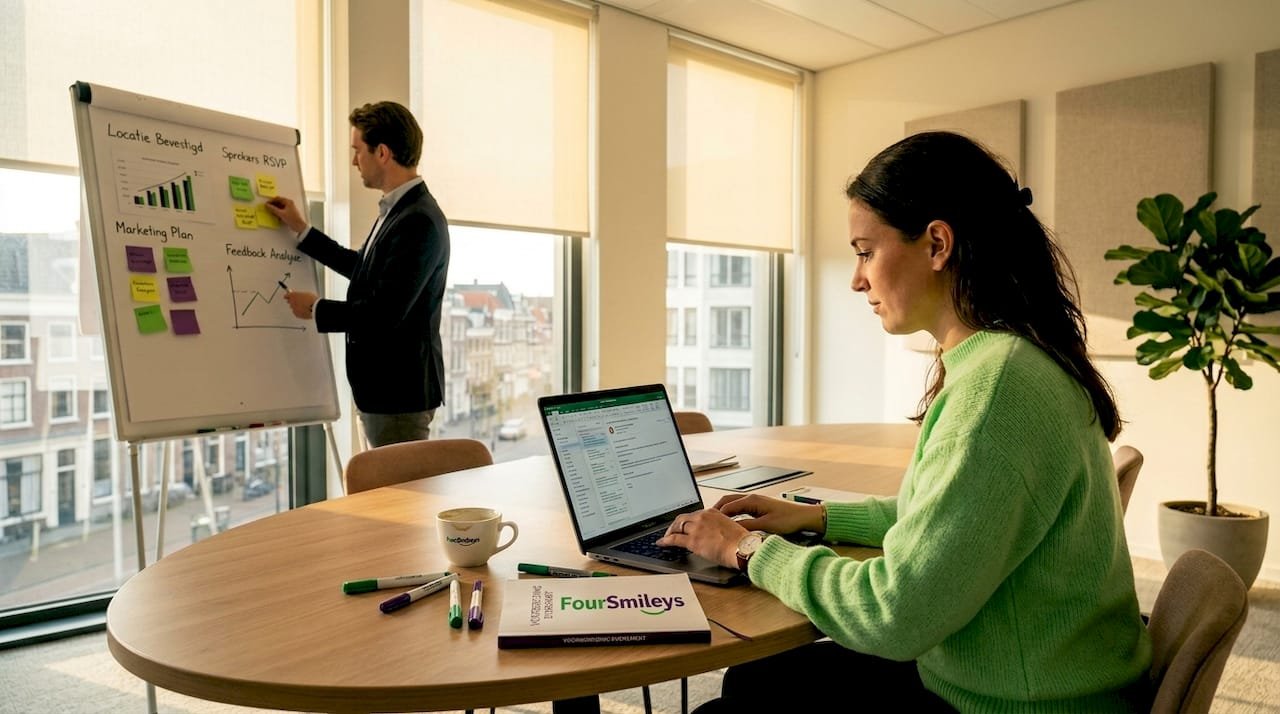 De eventmanager werkt de feedback uit op z’n laptop tijdens de vergadering.