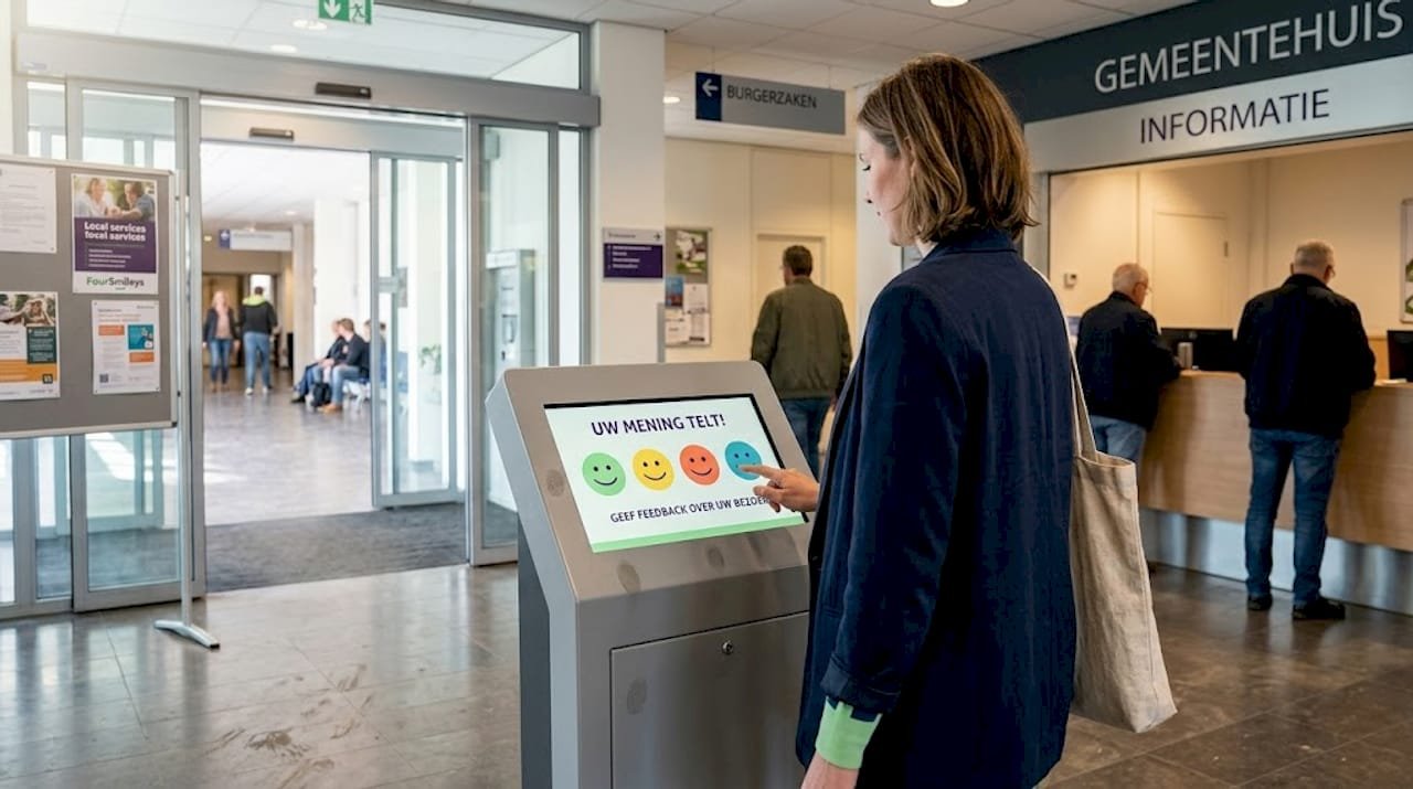 Een vrouw geeft haar mening via een digitaal feedbackscherm in de lobby.