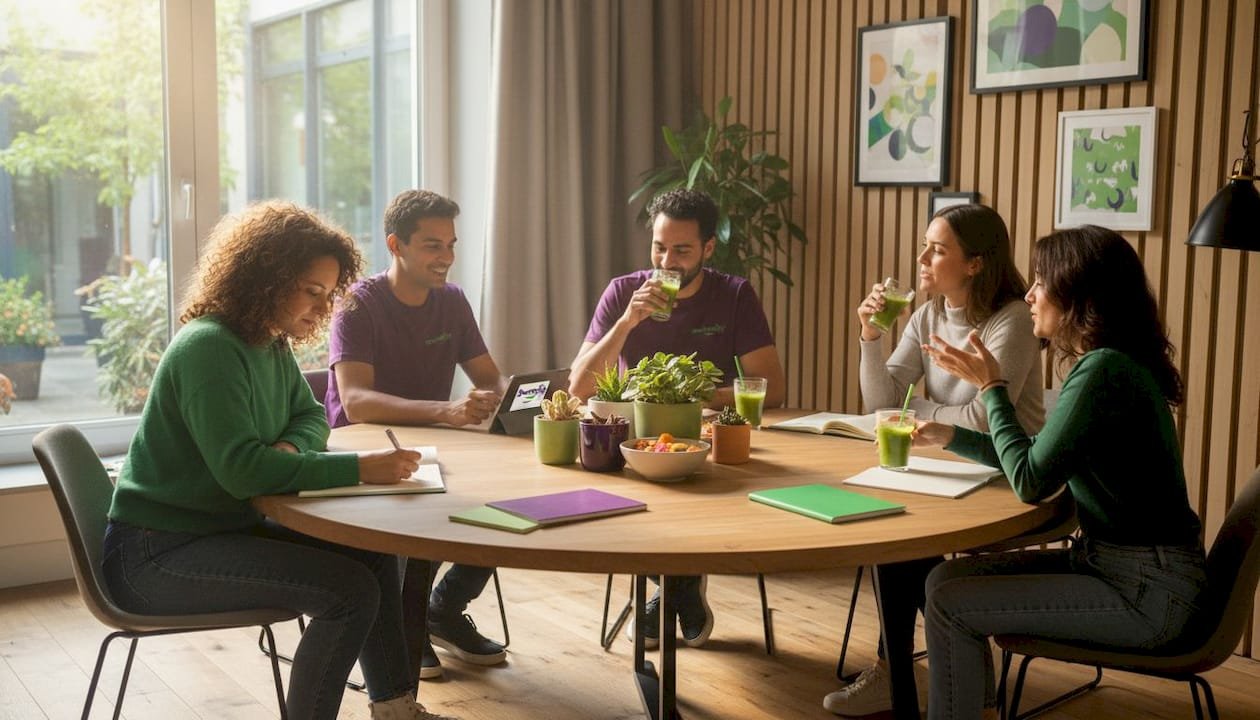 Collega’s bespreken samen feedback in de teamruimte