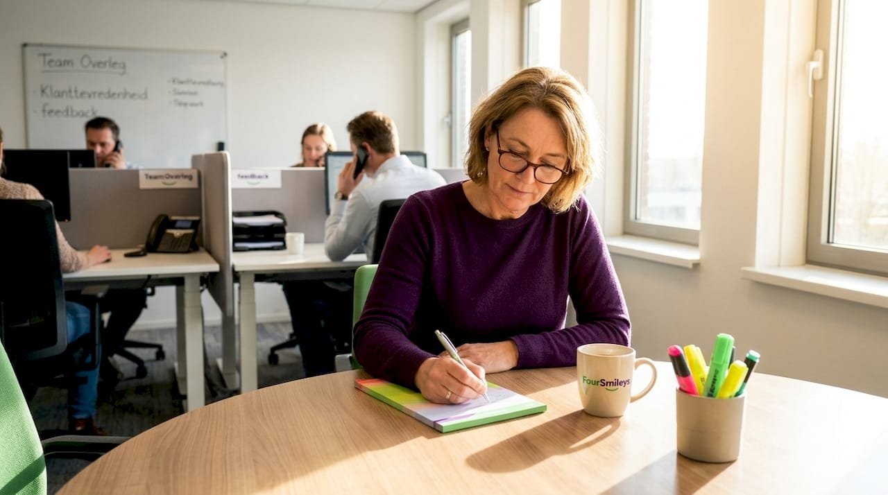 De teamleider maakt aantekeningen tijdens een overleg aan de vergadertafel op de klantenserviceafdeling.