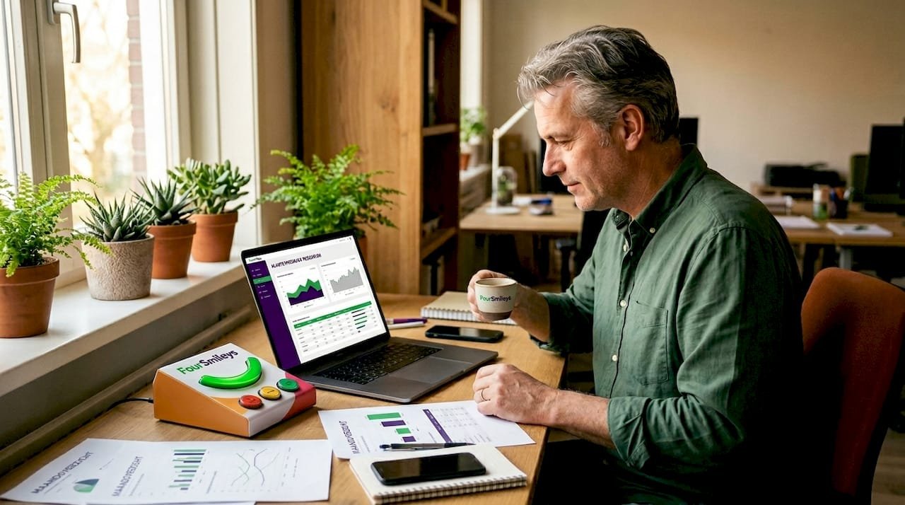 De office manager bekijkt de resultaten van de smiley feedback om te zien hoe collega's de werksfeer ervaren.