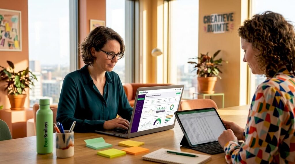 Collega’s bekijken samen het datadashboard op kantoor