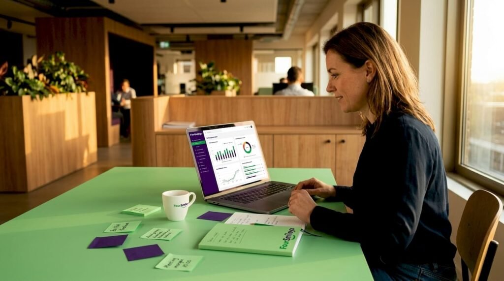 Op kantoor buigt de businessanalist zich over het dashboard om de gegevens grondig te bekijken.