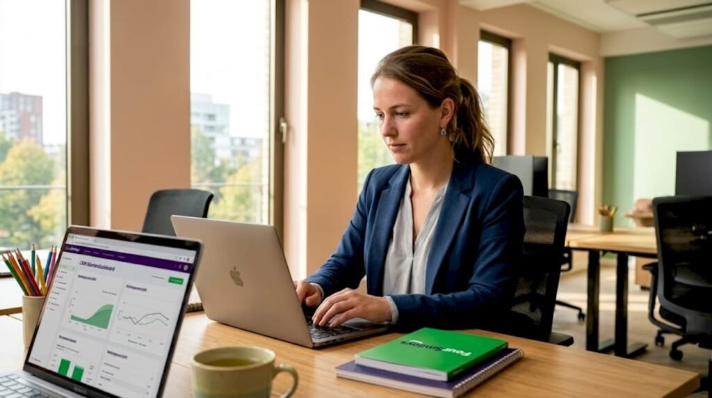 Een analist werkt geconcentreerd met het CRM-systeem aan een druk bureau op kantoor.