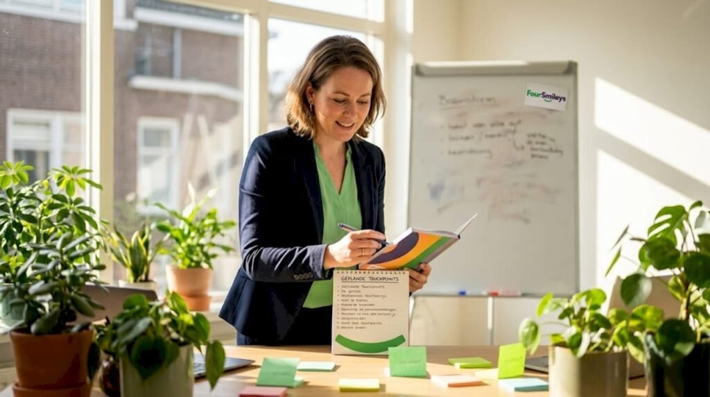 Manager bekijkt de klantcontactpunten aan zijn bureau