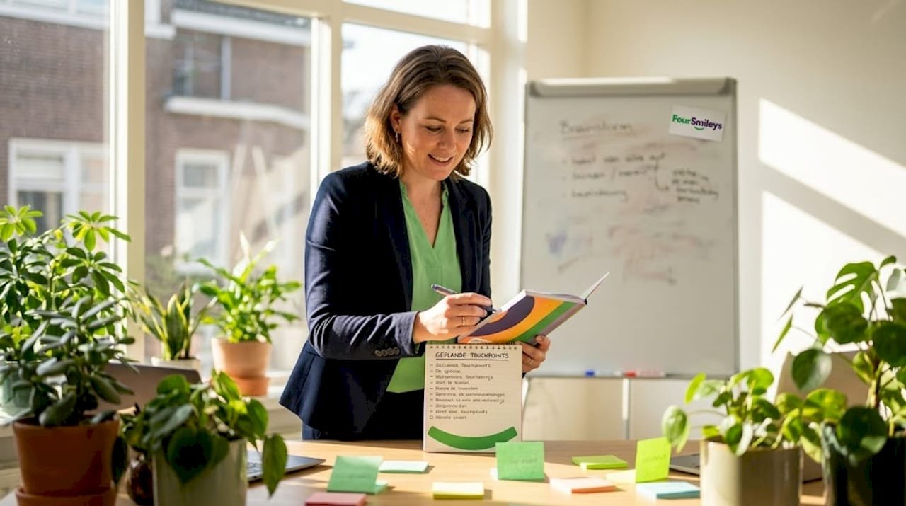 Manager bekijkt de klantcontactpunten aan zijn bureau