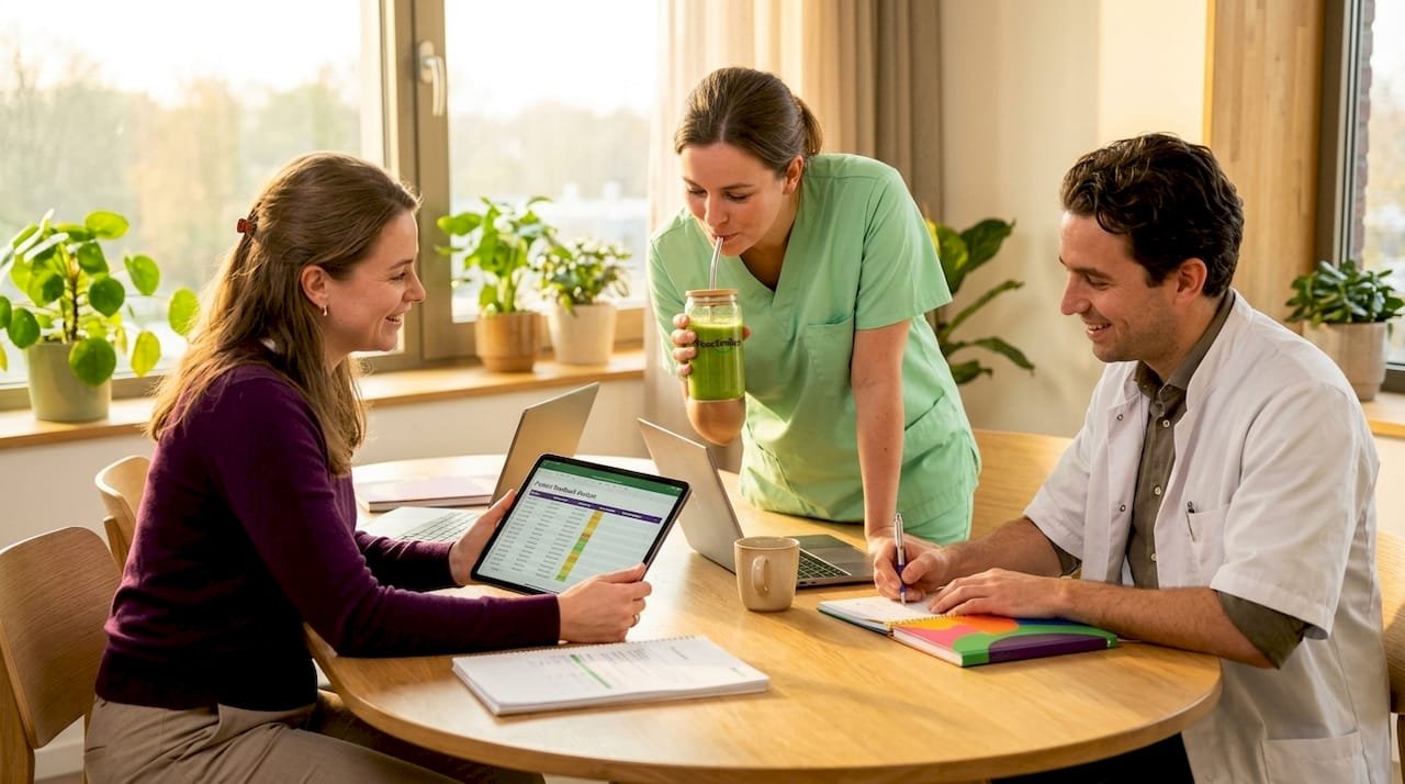 Zorgmedewerkers die samen digitale patiëntgegevens doornemen.