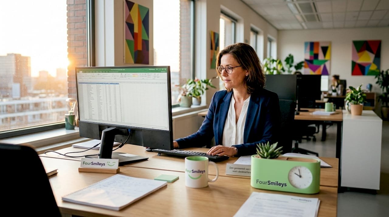 Een manager bekijkt de cijfers in zijn kantoor met uitzicht over de stad.