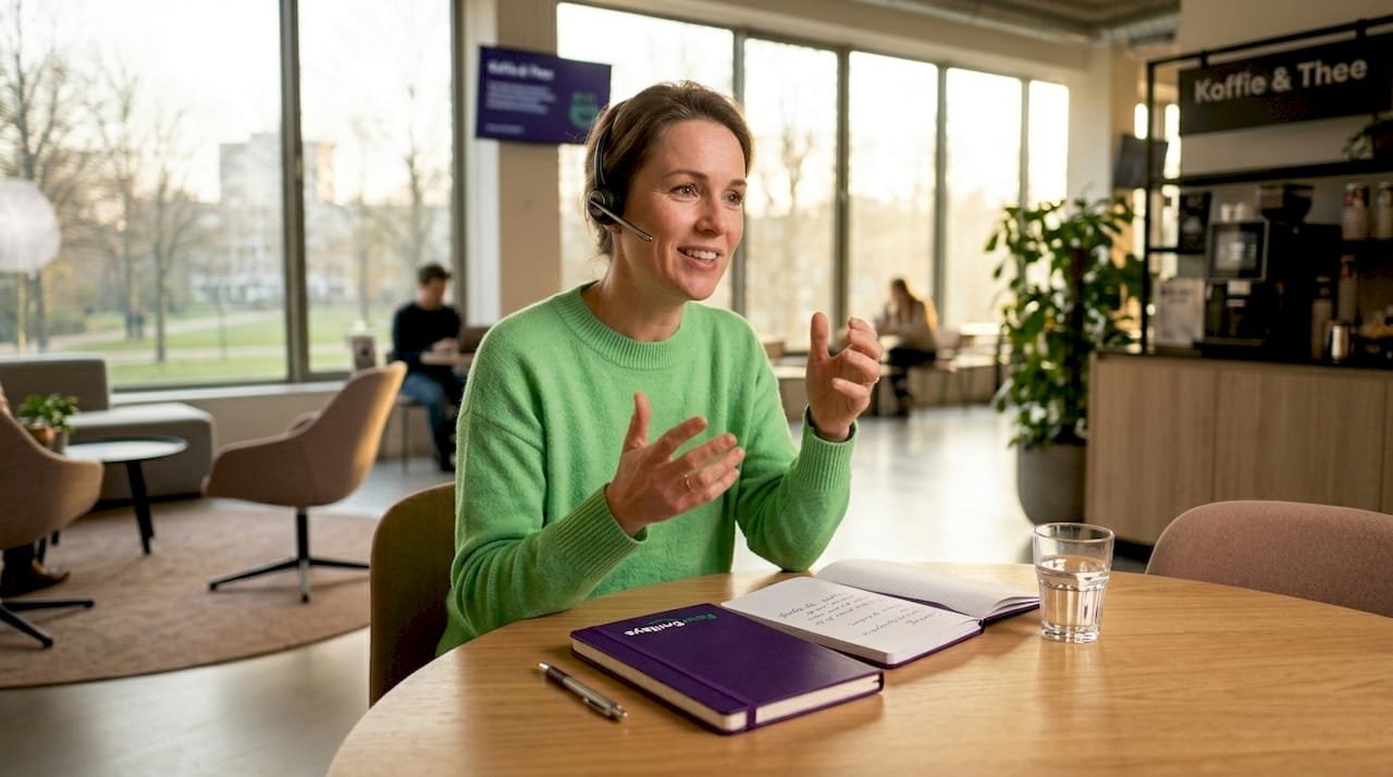 Een vrouw bespreekt feedback op kantoor met behulp van een spraakgestuurde AI.
