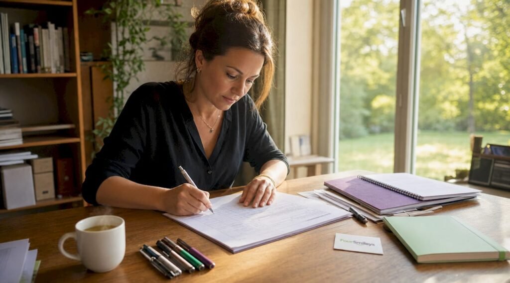 Een collega werkt aan een procesverslag achter haar bureau op kantoor.