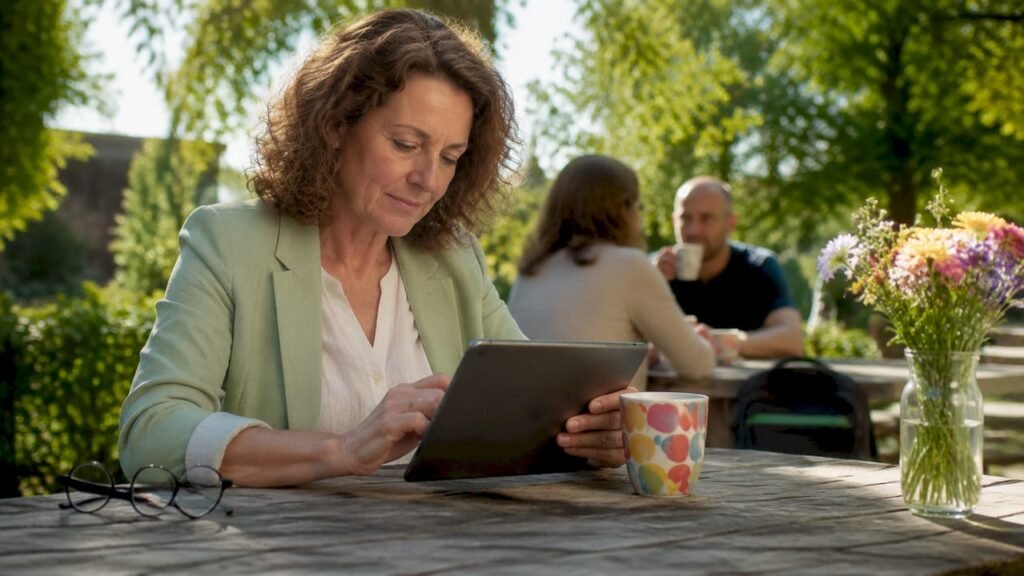 Een vrouw zit met een tablet in haar handen in een lichte, gezellige koffiebar.