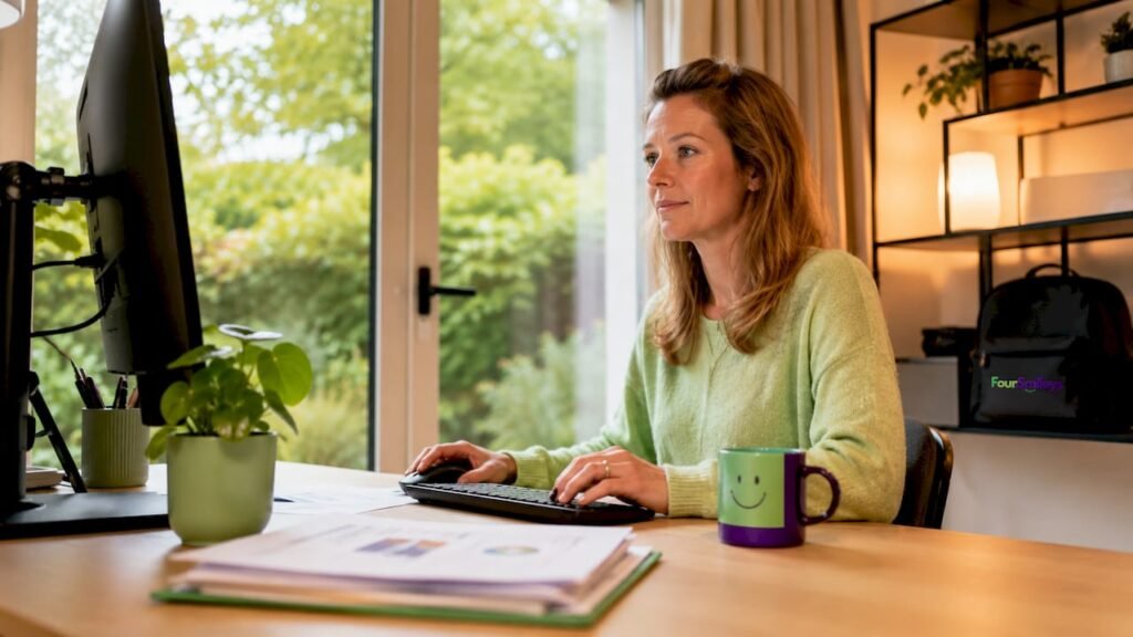Een businessanalist stelt op kantoor een datarapport samen.