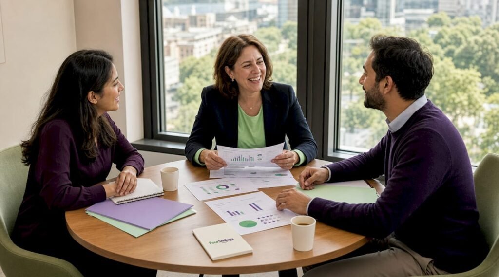 Managers die samen overleggen over referentiedocumenten en praktijkvoorbeelden van succes.