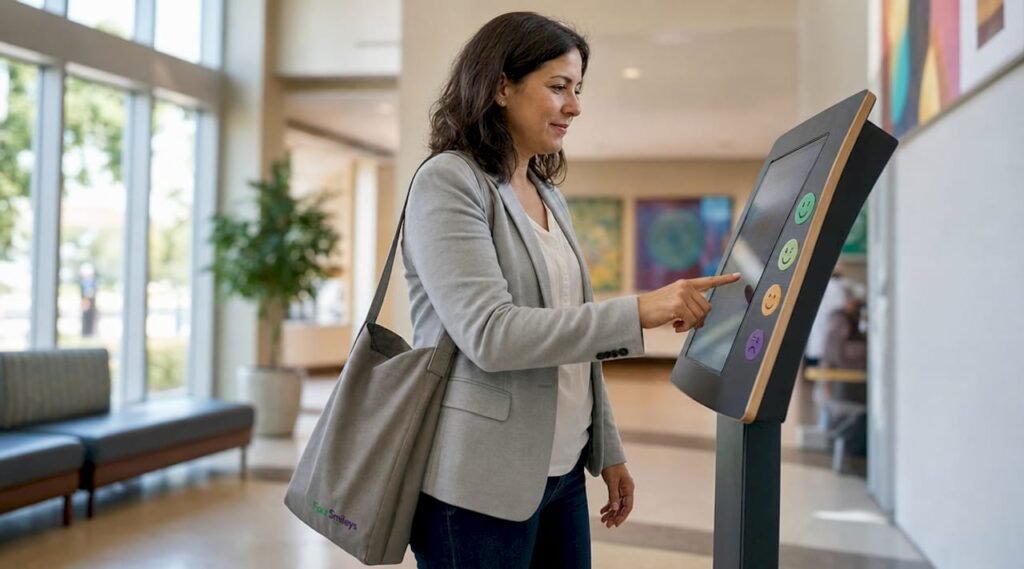 Iemand geeft feedback door op een smiley-terminal te drukken.