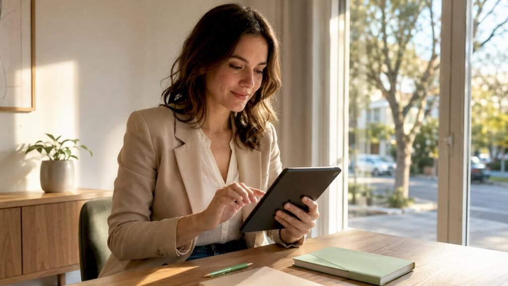 Een vrouw maakt gebruik van digitale feedbacksystemen op haar werkplek in een modern kantoor.