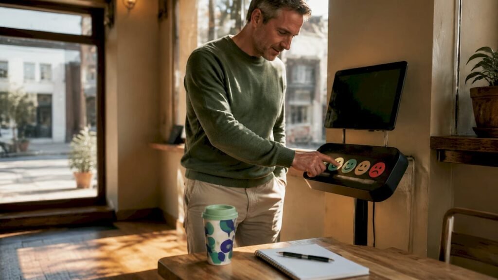 Een man geeft zijn mening door op het klanttevredenheidsscherm een knop in te drukken.