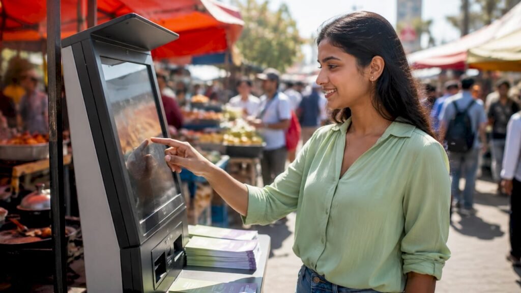 Een vrouw plaatst haar bestelling via het touchscreen bij een fastfoodrestaurant.