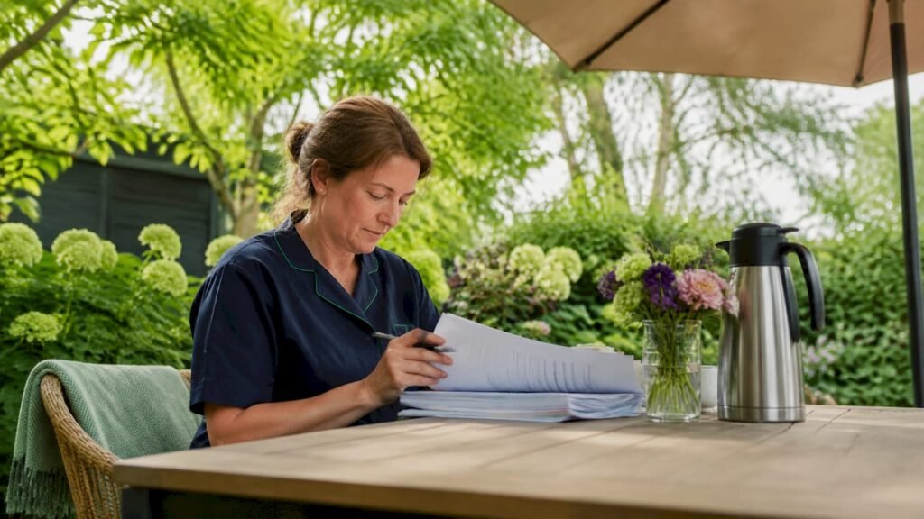 Een zorgmedewerker loopt de checklist na in de gemeenschappelijke huiskamer van het verpleeghuis.