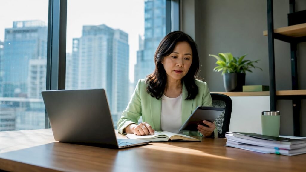 Een vrouw is bezig met het analyseren van realtime data op kantoor.