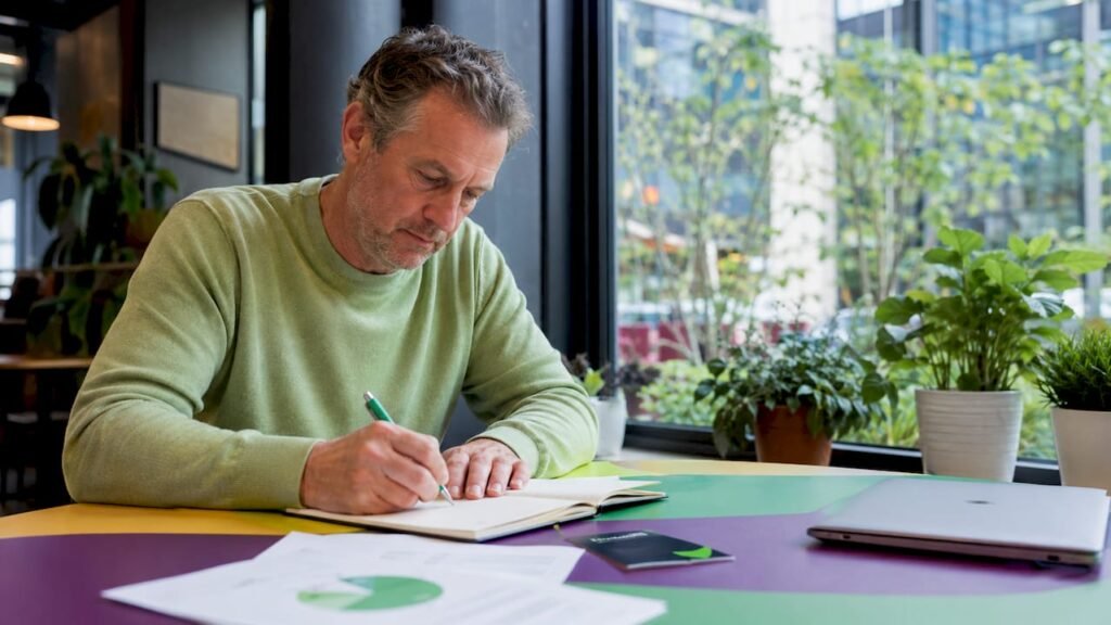 Man die op kantoor bezig is met het voorbereiden van een enquête