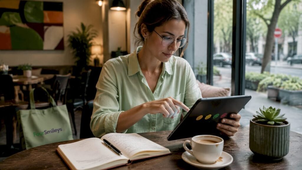 Vrouw die op een tablet een smiley aanklikt om haar mening te geven.