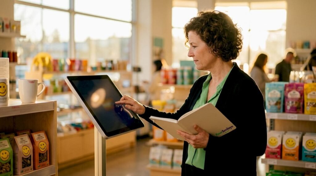 Filiaalmanager verzamelt klantfeedback via een digitaal feedbackscherm